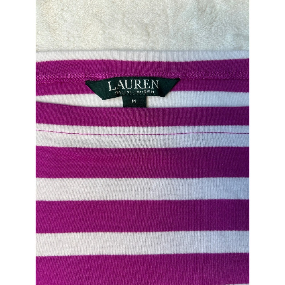 Lauren Ralph Lauren Magenta Pink White Striped Boat Neck Top Short Sleeve Medium - Picture 3 of 5